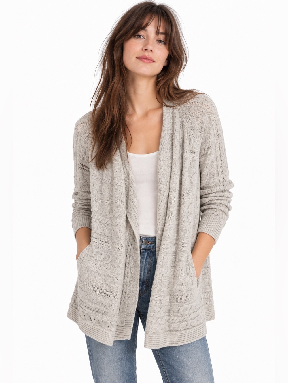 Athleta 100% Extra Fine Merino Wool Cable Knit Open Cardigan Small